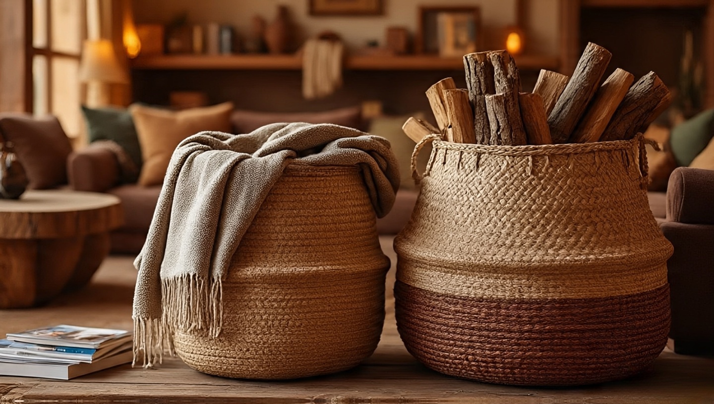 Woven natural fiber baskets used for storage and organization in Southwestern decor