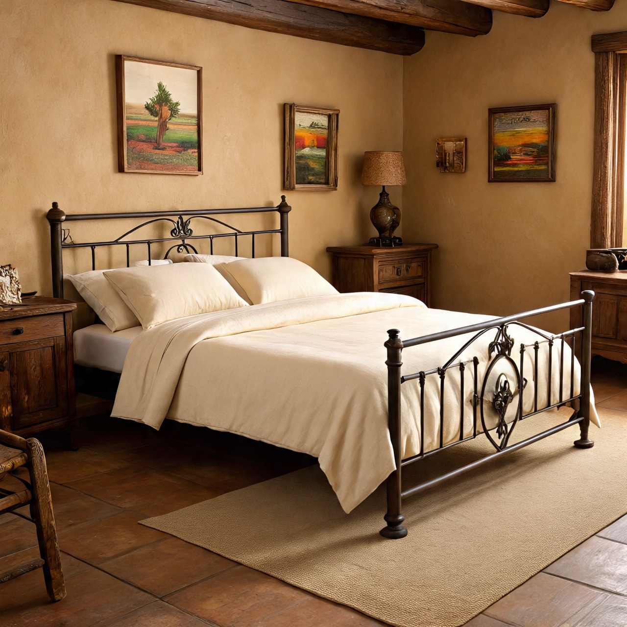 Wrought iron bed frame in Southwestern bedroom design