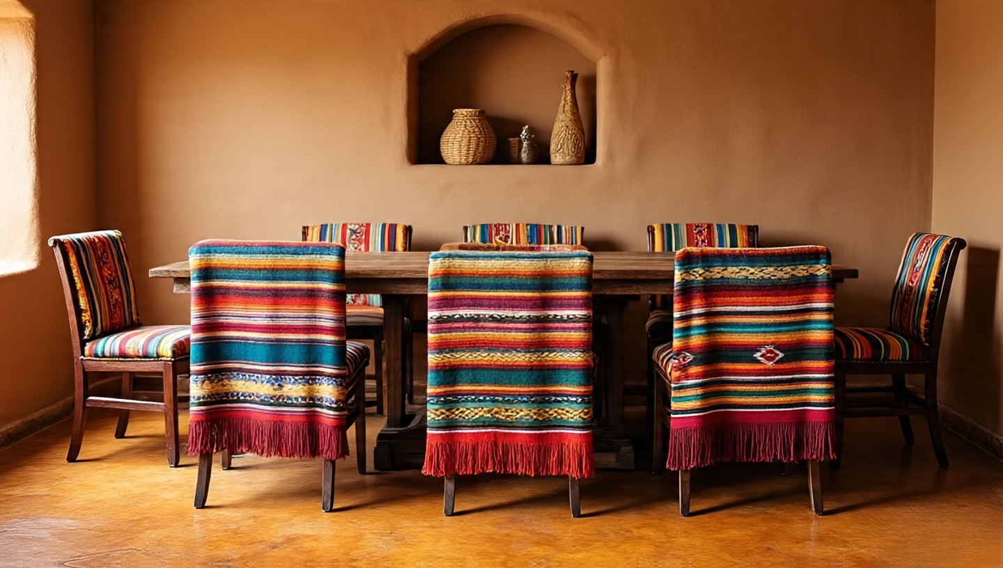Dining room where Pendleton blankets are used as decorative and functional chair covers