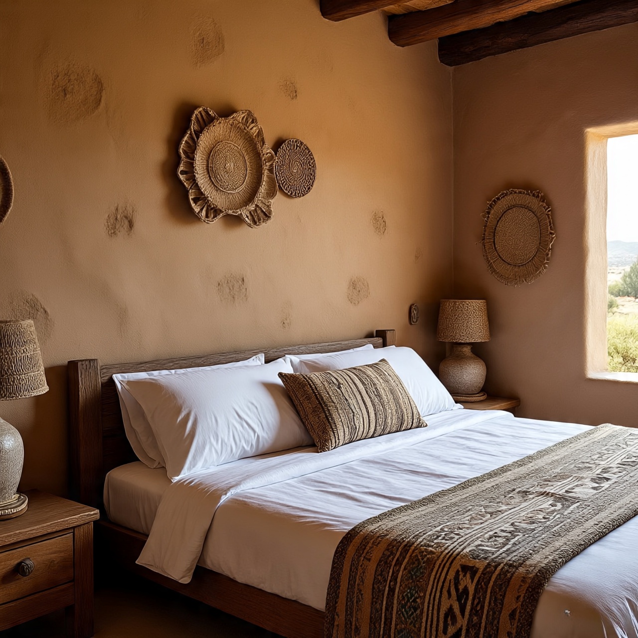 Adobe style textured walls in Southwestern bedroom