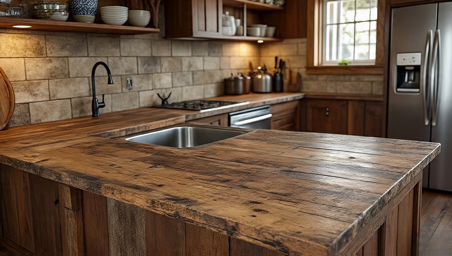 Reclaimed wood countertops with natural imperfections