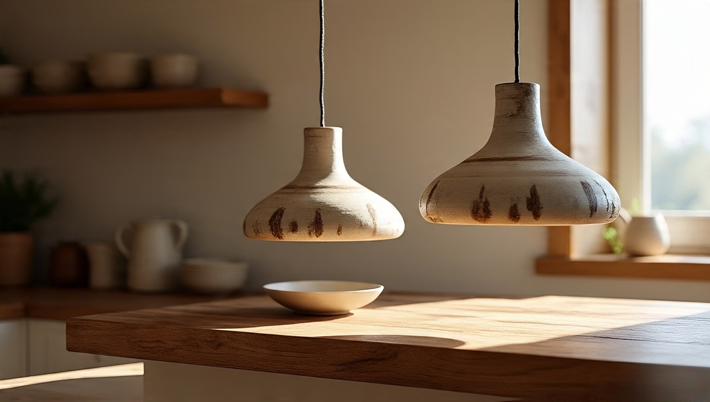 Kitchen island scene with two hand-thrown clay pendant lights hanging above