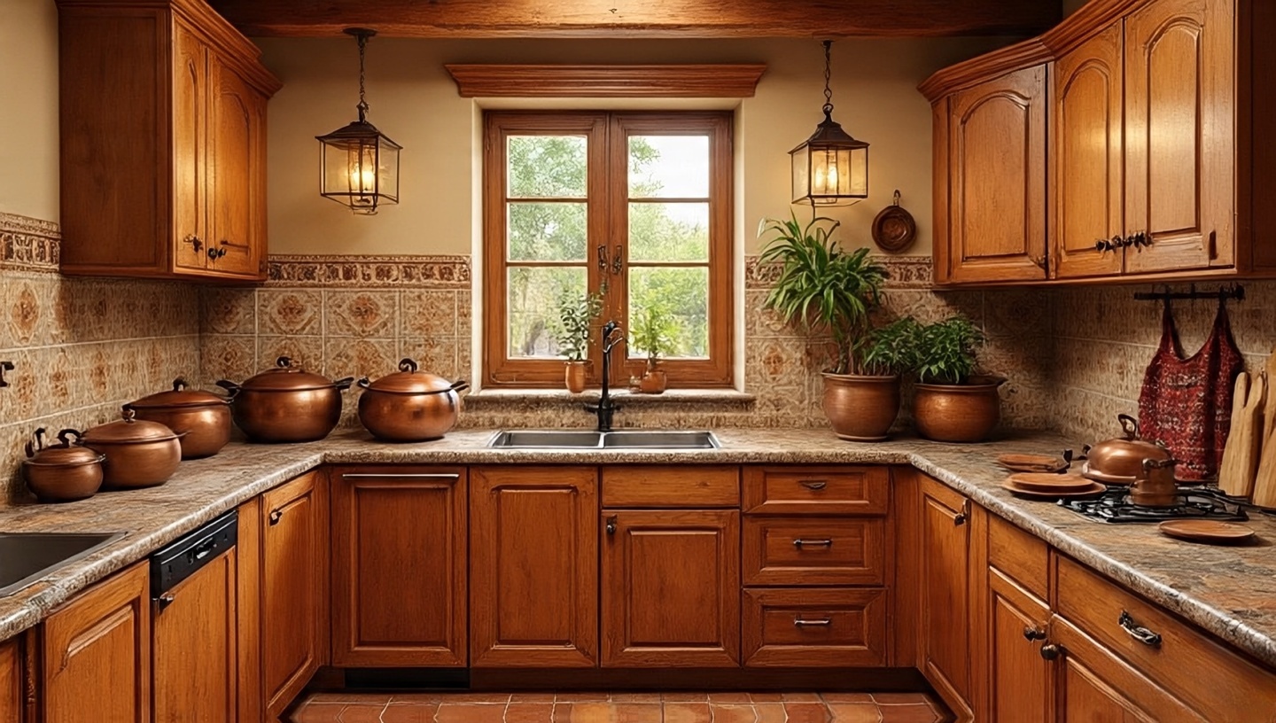 Southwestern kitchen design with handmade Saltillo tile flooring and wooden cabinets
