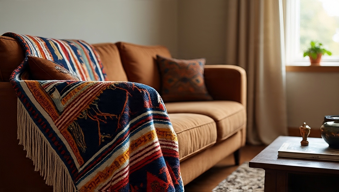Authentic Navajo blanket draped over leather sofa arm