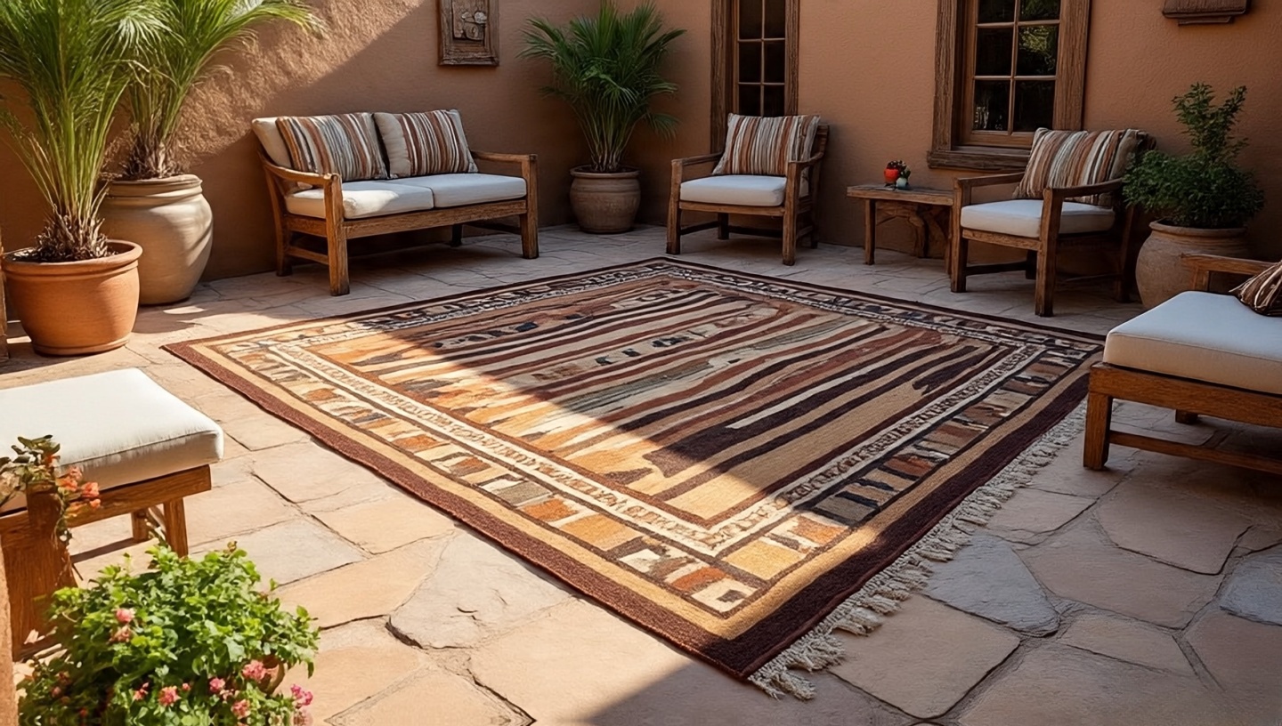 Authentic Navajo patterned rug defining seating area on Southwestern patio