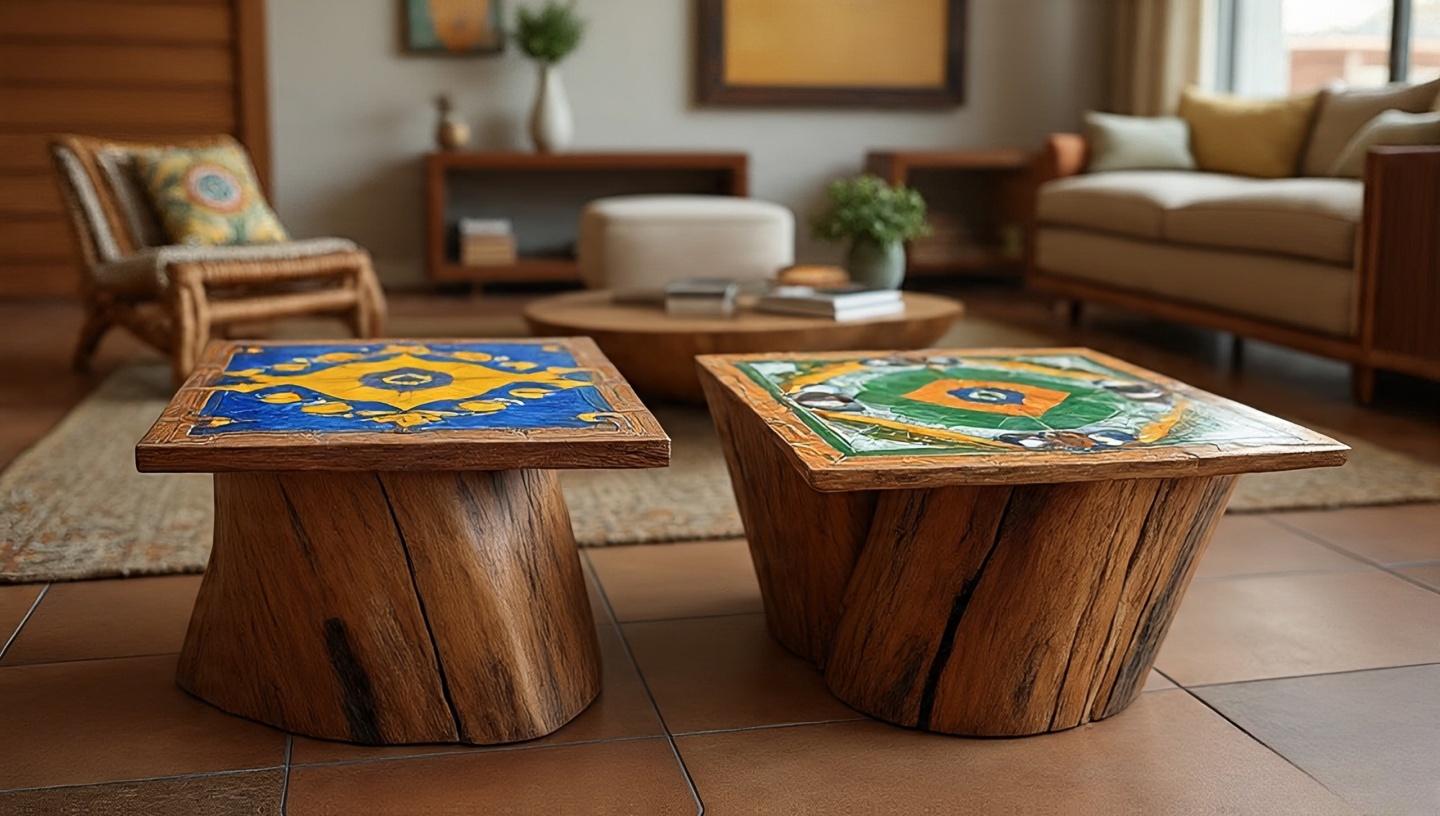 End table with Talavera tile top in turquoise and mustard colors for Southwestern accent