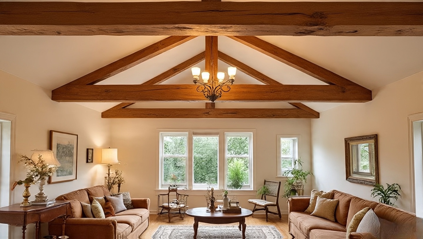Ceiling integrated with design—exposed timber beams and sandy ivory tint warming the upper plane