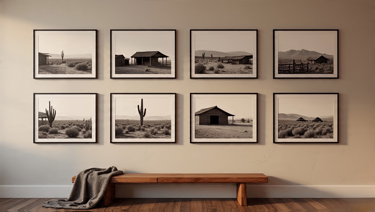 Gallery wall with black and white vintage Southwestern photography depicting desert landscapes and ranch life