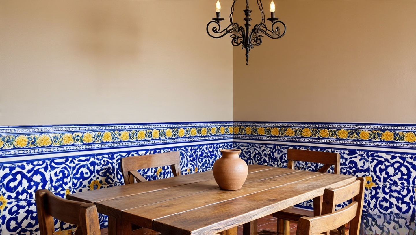 Dining room featuring a colorful backsplash of painted Talavera tiles