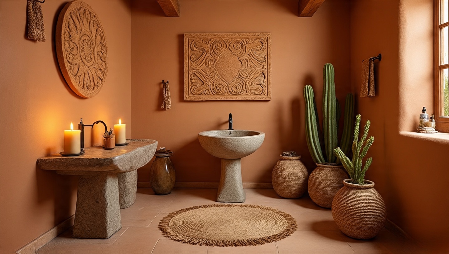 Southwestern style bathroom with clay-toned walls, stone sink, and desert spa atmosphere