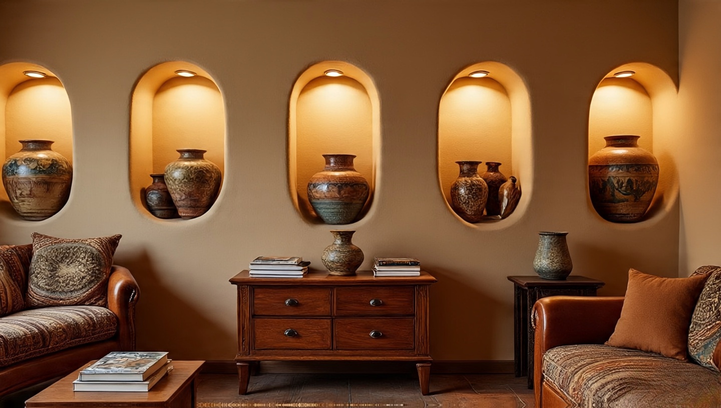 Rounded adobe wall niche with recessed lighting displaying pottery
