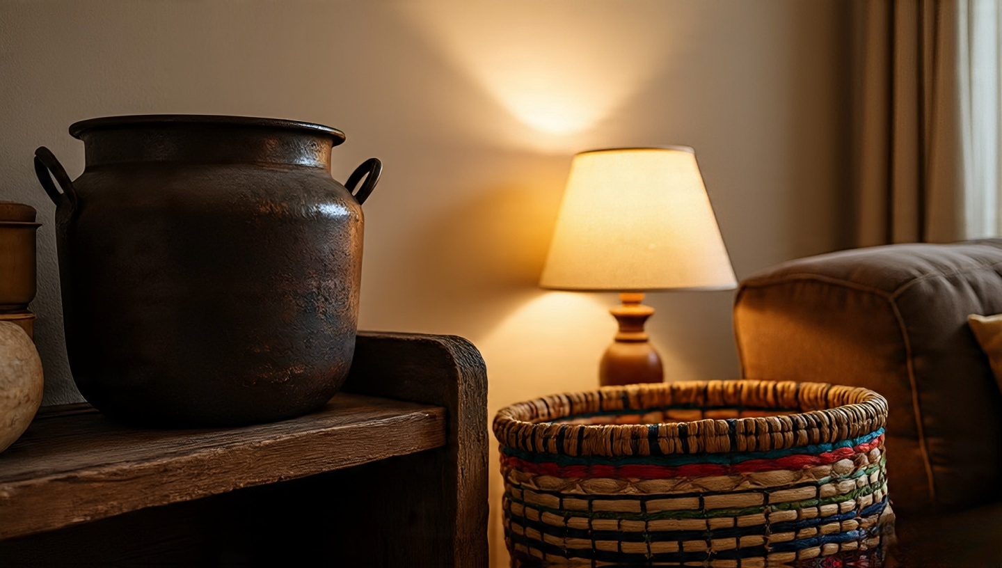 Collected-over-time vignette with heirloom iron pot, new clay lamp, and woven basket showing patient curation