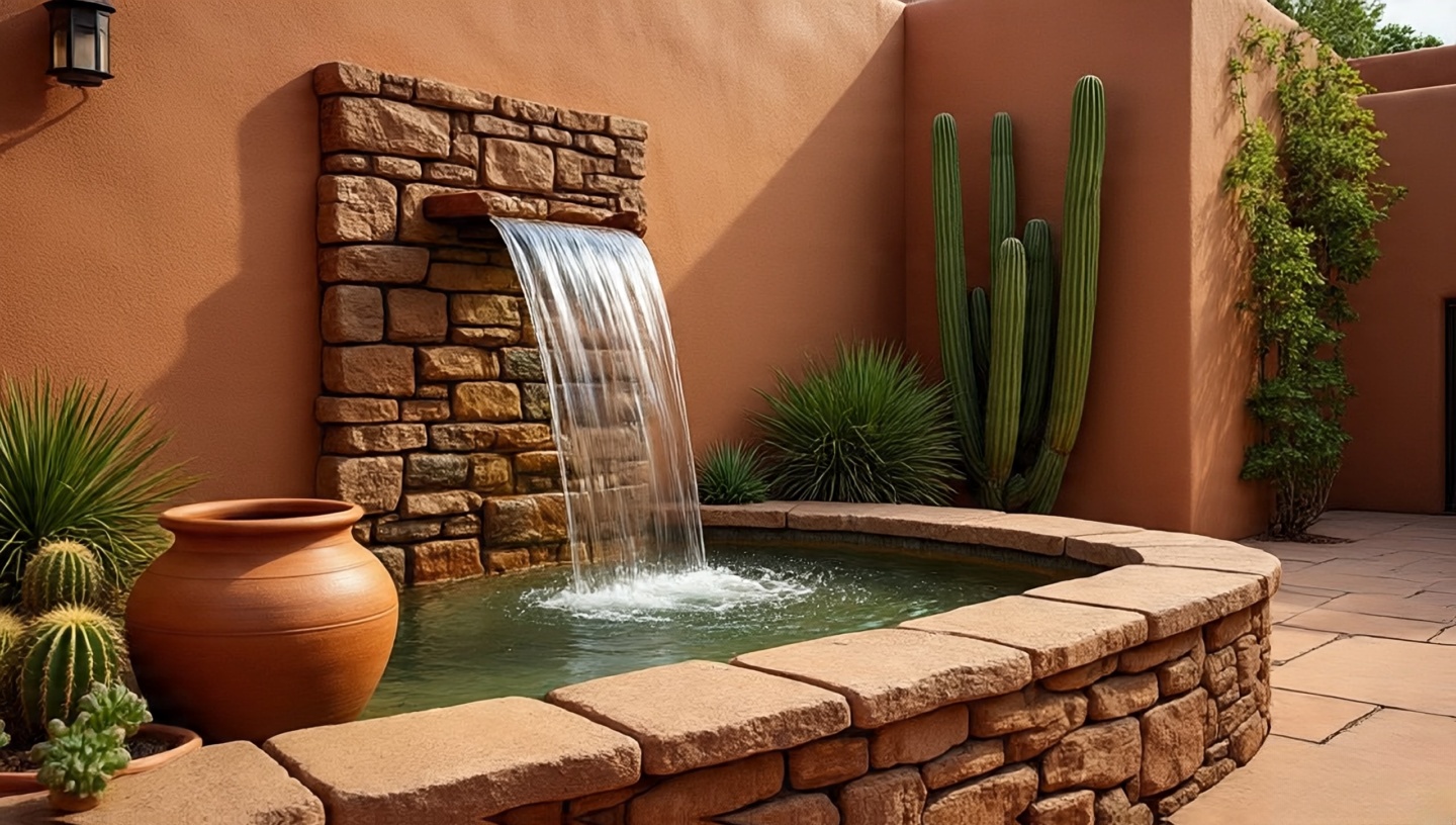 Clay jar fountain as desert-inspired water feature in Southwestern patio oasis
