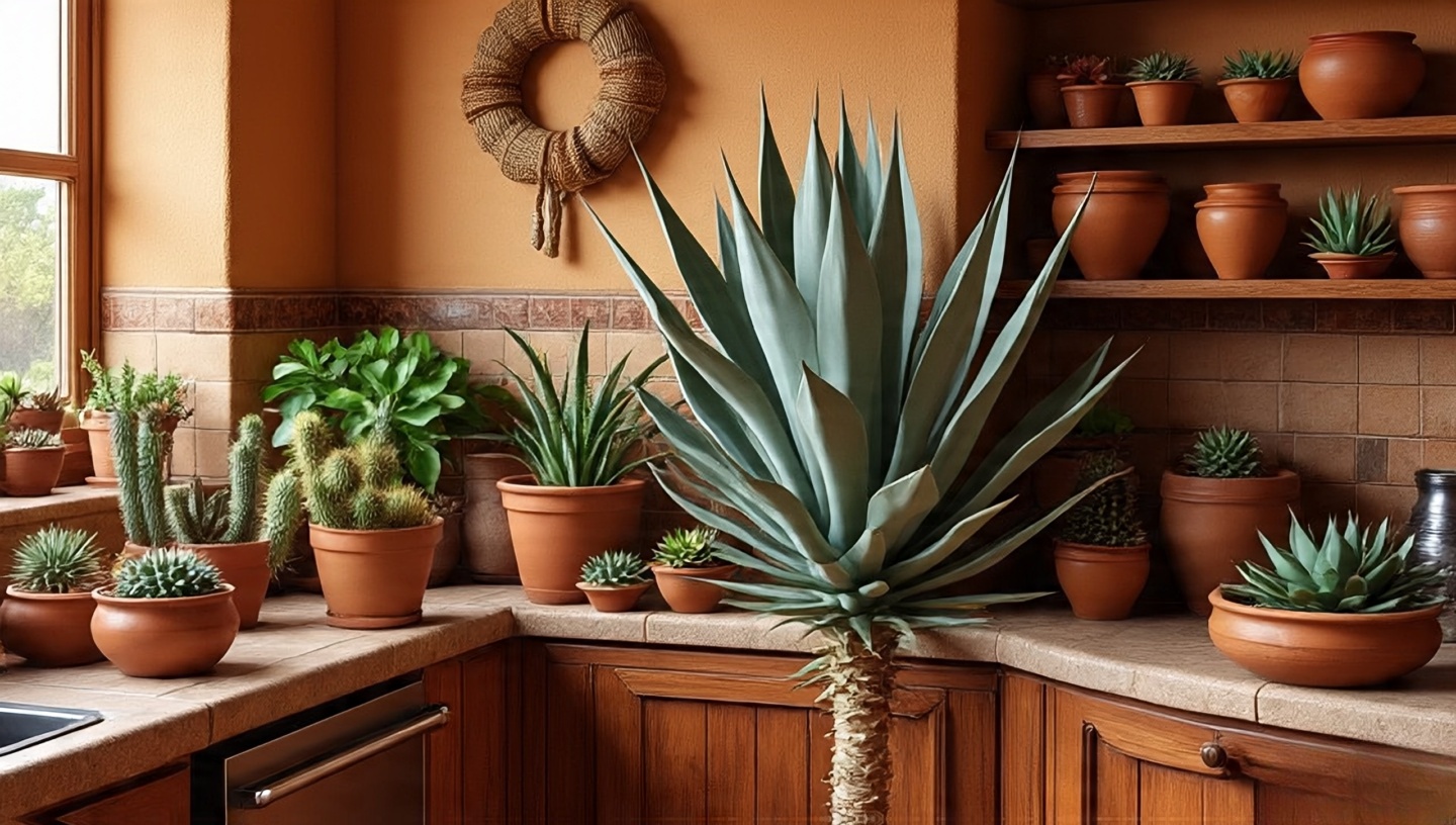 Potted aloe vera and cacti on a Southwestern kitchen windowsill
