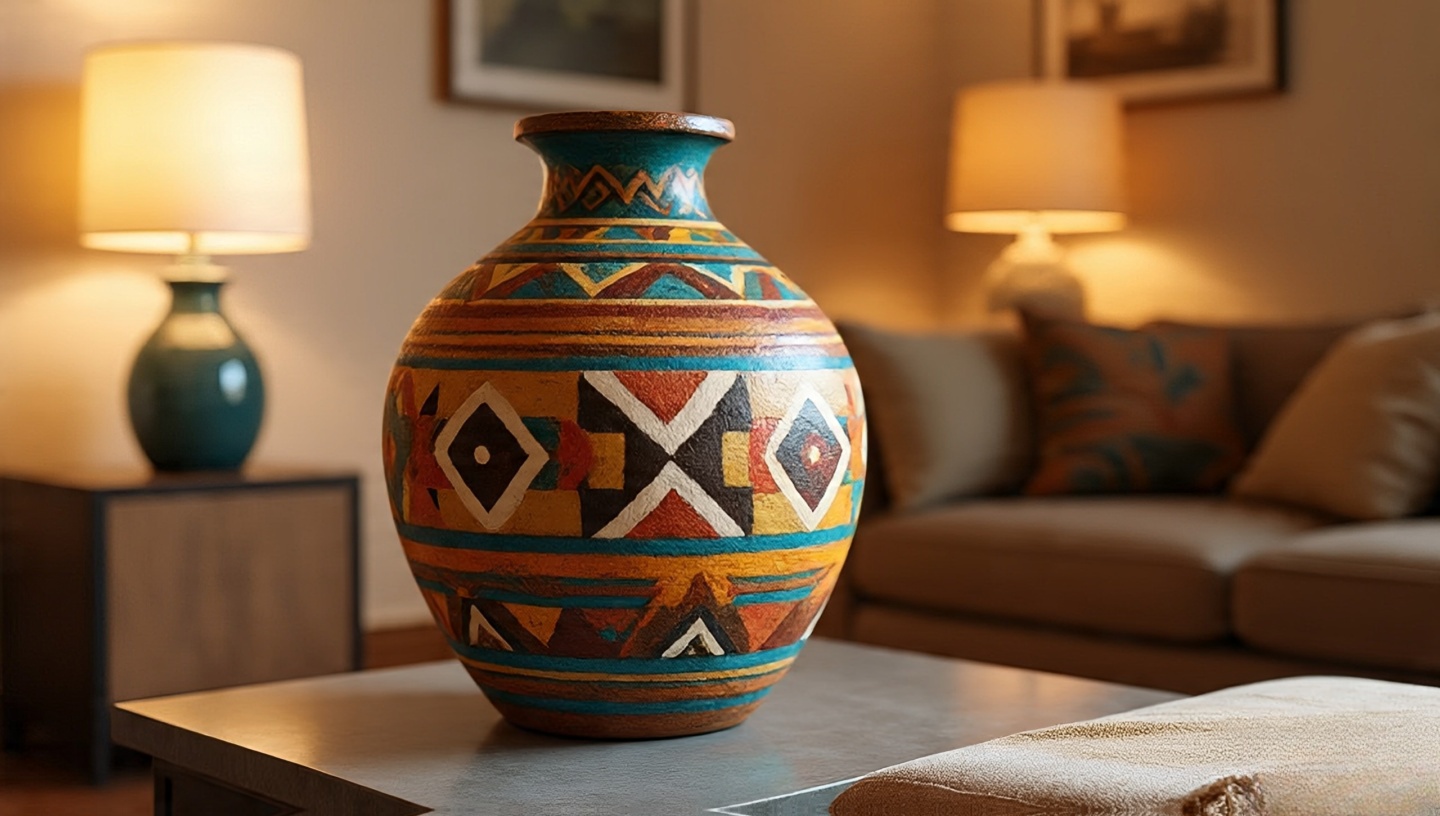 Oversized hand-painted Southwestern pottery vase acting as sculptural furniture accent