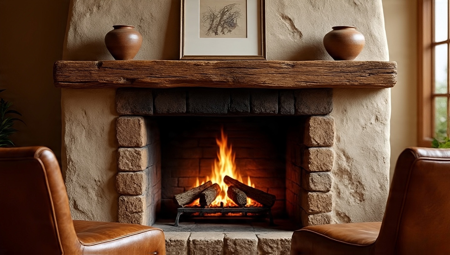 Cozy Southwestern fireplace with stacked stone surround and reclaimed wood mantel as focal point