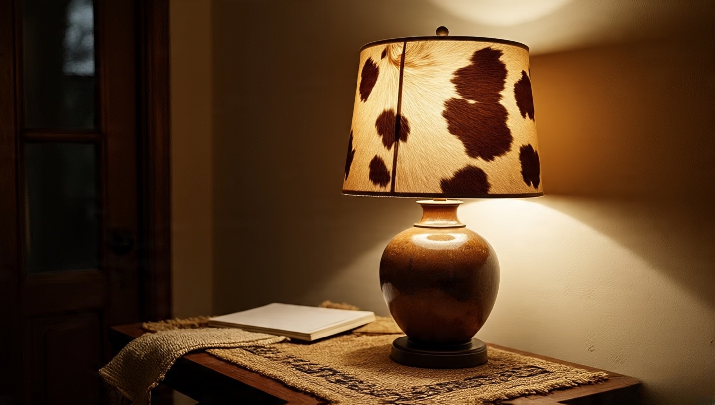 Rustic study with a single lamp featuring a bold cowhide lampshade