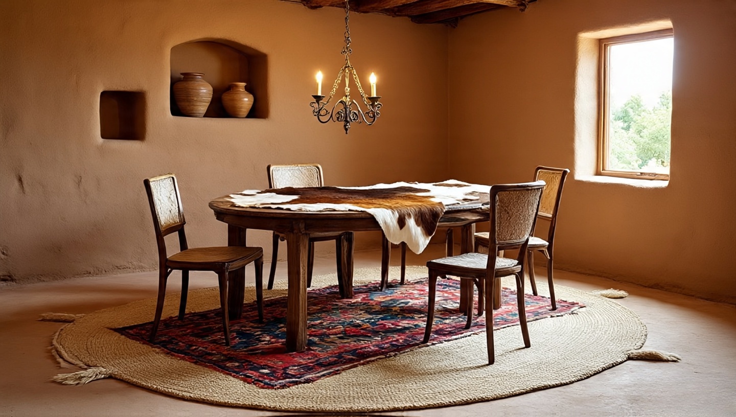 Layered rugs under a round dining table, featuring a cowhide over a patterned base