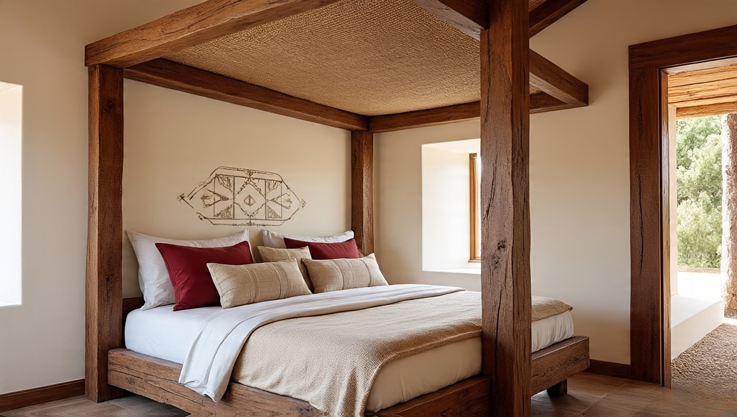Southwestern canopy bed with thick rustic wood beams and sheer neutral drapery