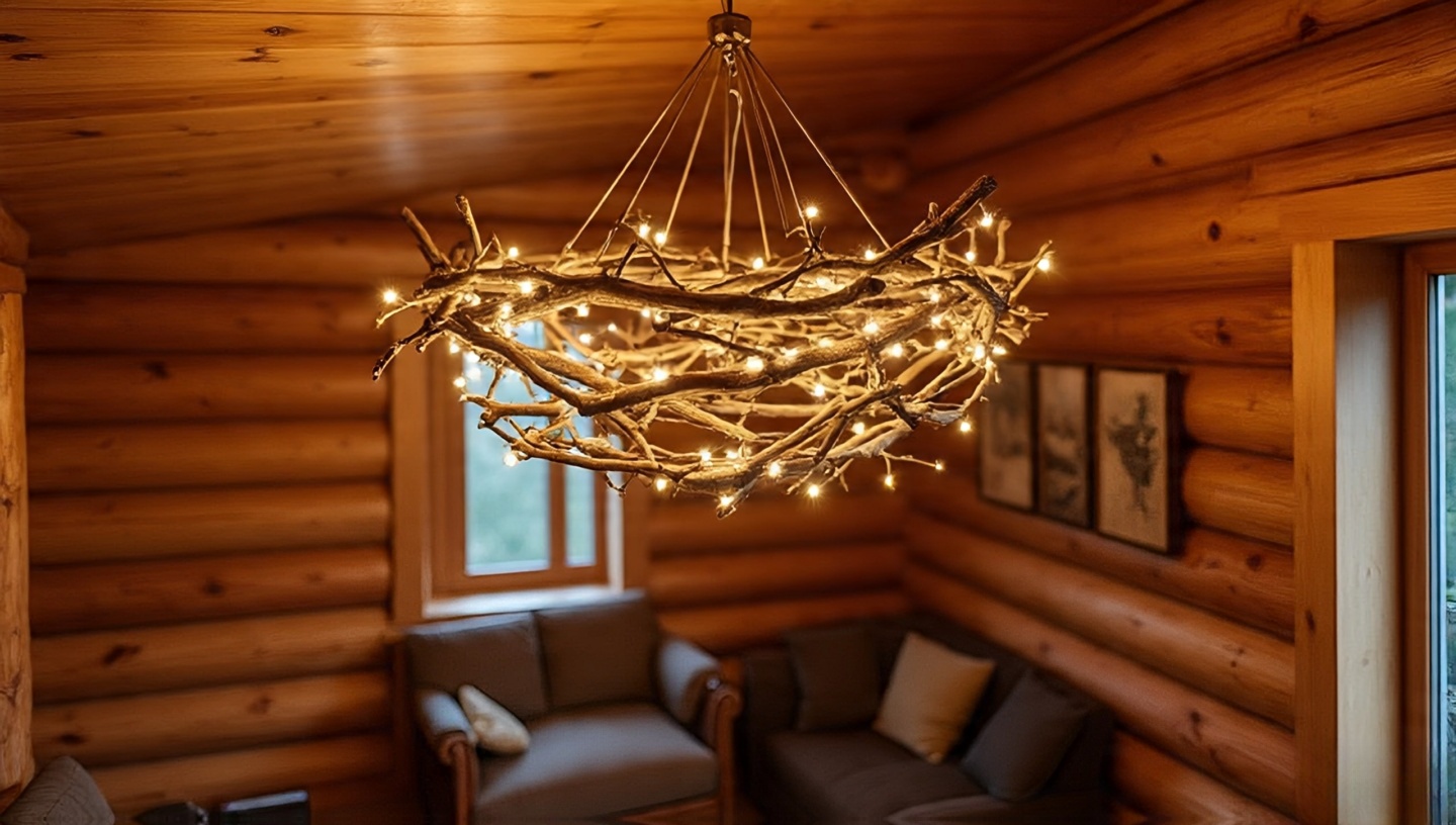 Cozy cabin interior with a chandelier constructed from natural twigs and branches