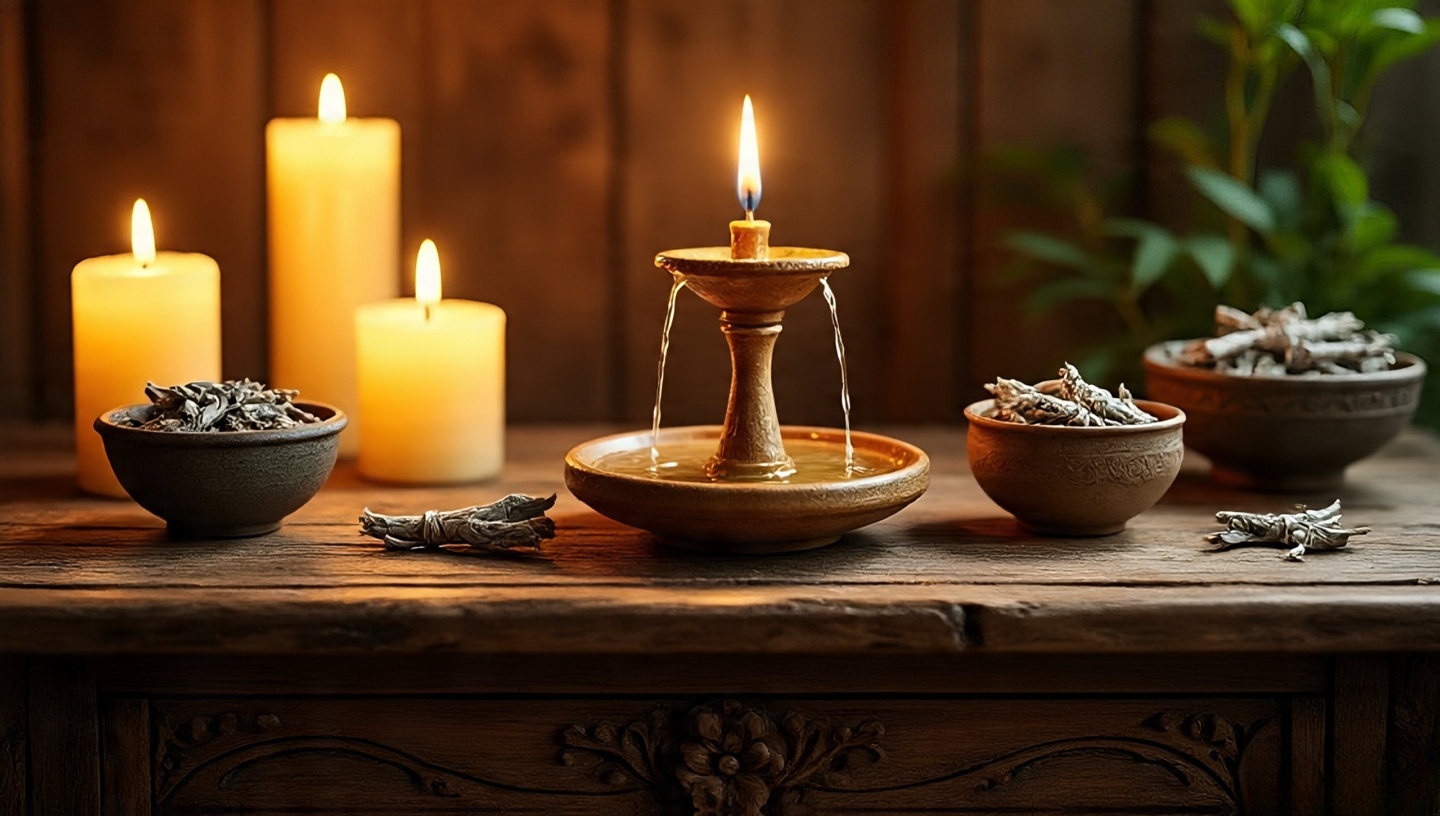 Sensory corner with beeswax candles and a small clay tabletop fountain adding scent and sound