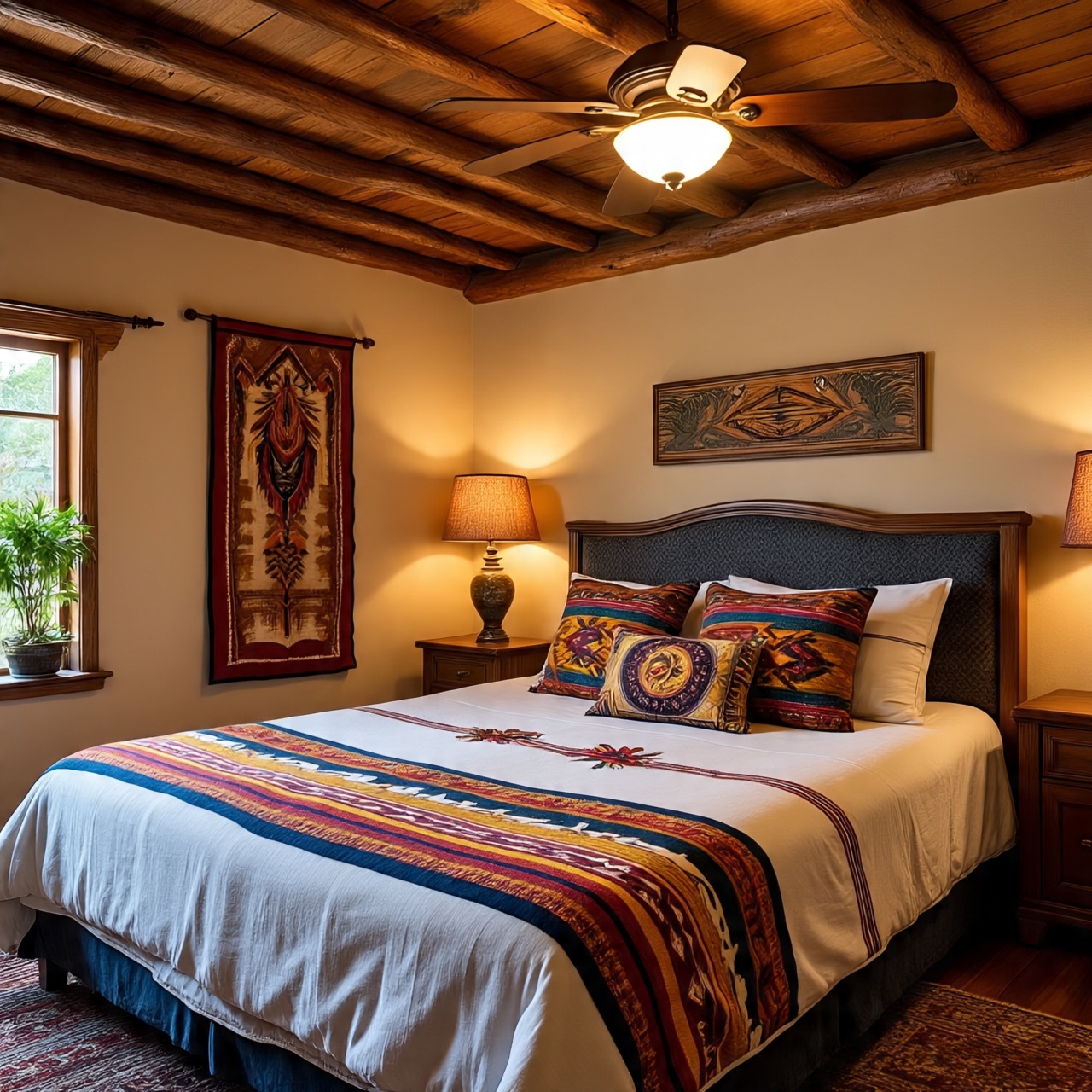 Layered lighting design in Southwestern bedroom