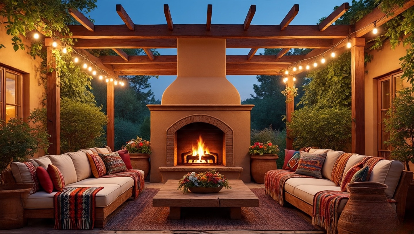 Southwestern style outdoor patio with clay planters, wooden pergola, and colorful textiles