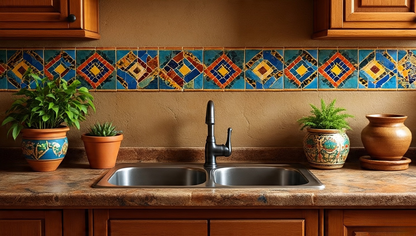 Colorful mosaic tile strip above a kitchen sink