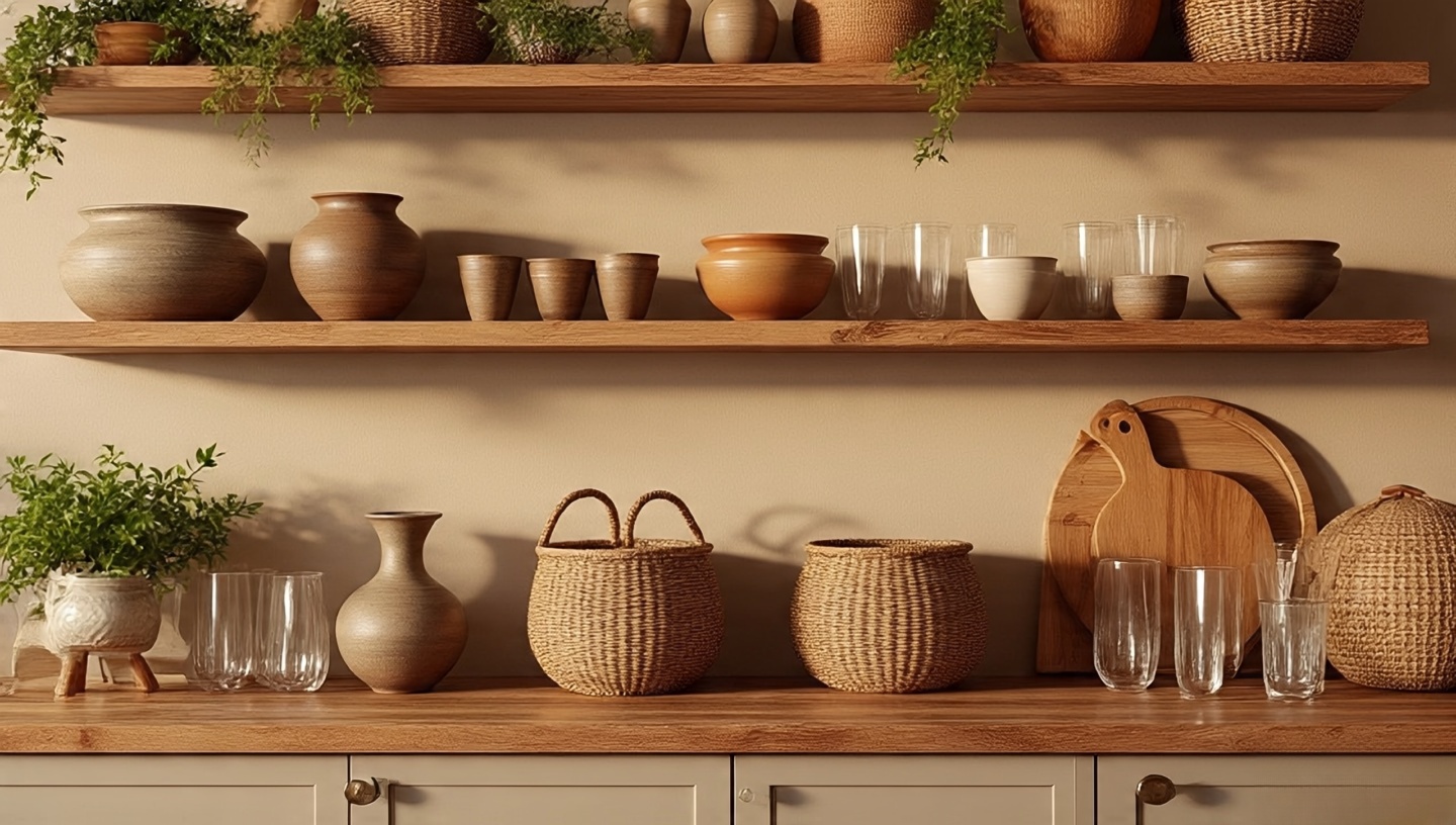 Open shelving displaying hand-thrown pottery, woven baskets and desert decor in Southwestern style
