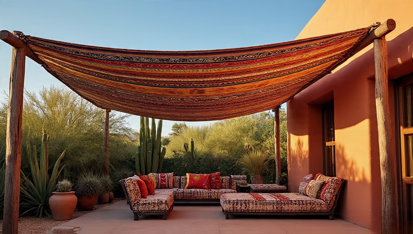 Colorful fabric canopy providing shade over Southwestern patio seating area