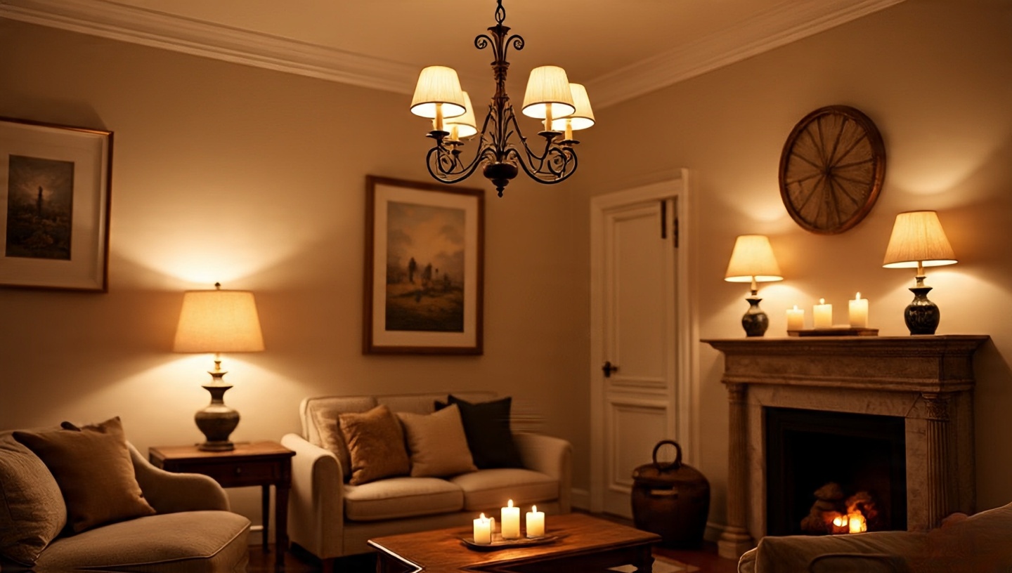 Layered lighting with iron chandelier, table lamps and candlelight in living room