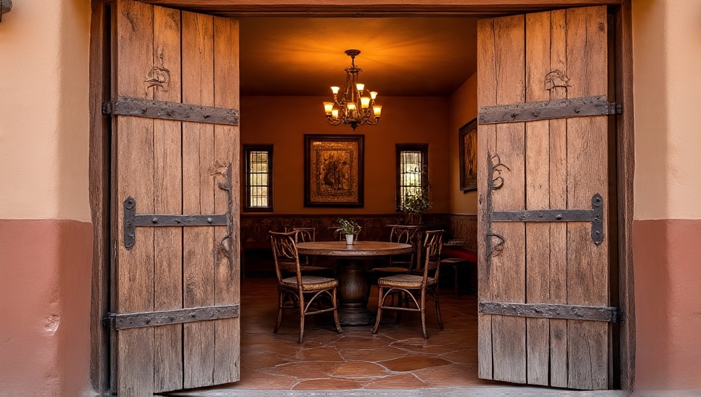 View through open heavy wooden doors with iron accents into a dining room