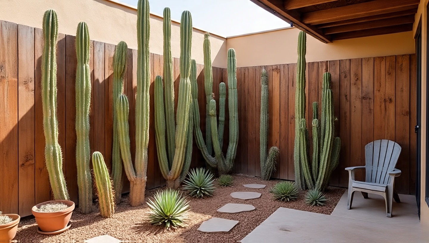 Desert cactus garden corner featuring various species in Southwestern patio landscape