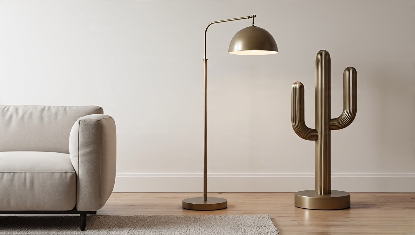 Modern desert luxe living room with a sculptural metal cactus-inspired floor lamp