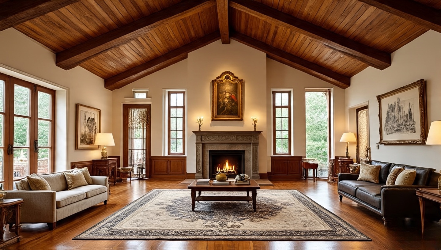 Overscaled medallion Southwestern rug in grand living room