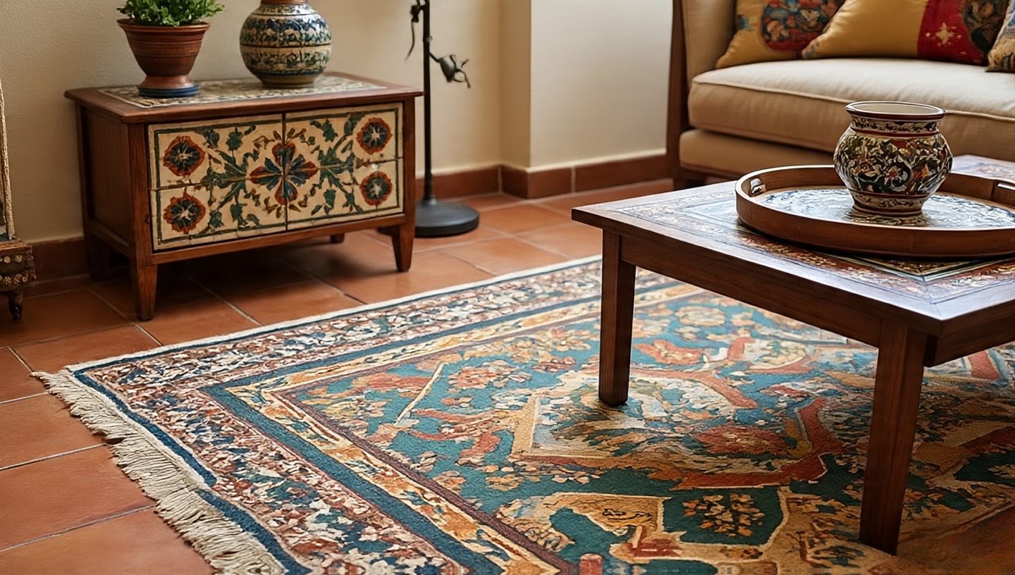 Hand-painted Saltillo tiles on fireplace hearth in geometric patterns