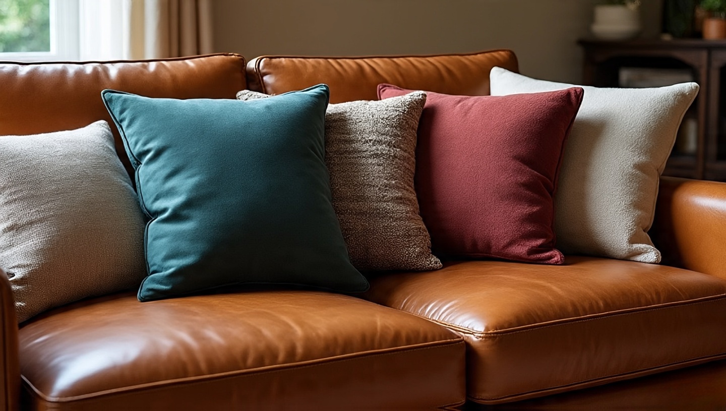 Matte cotton, wool, and suede pillows that grip a leather sofa without slipping