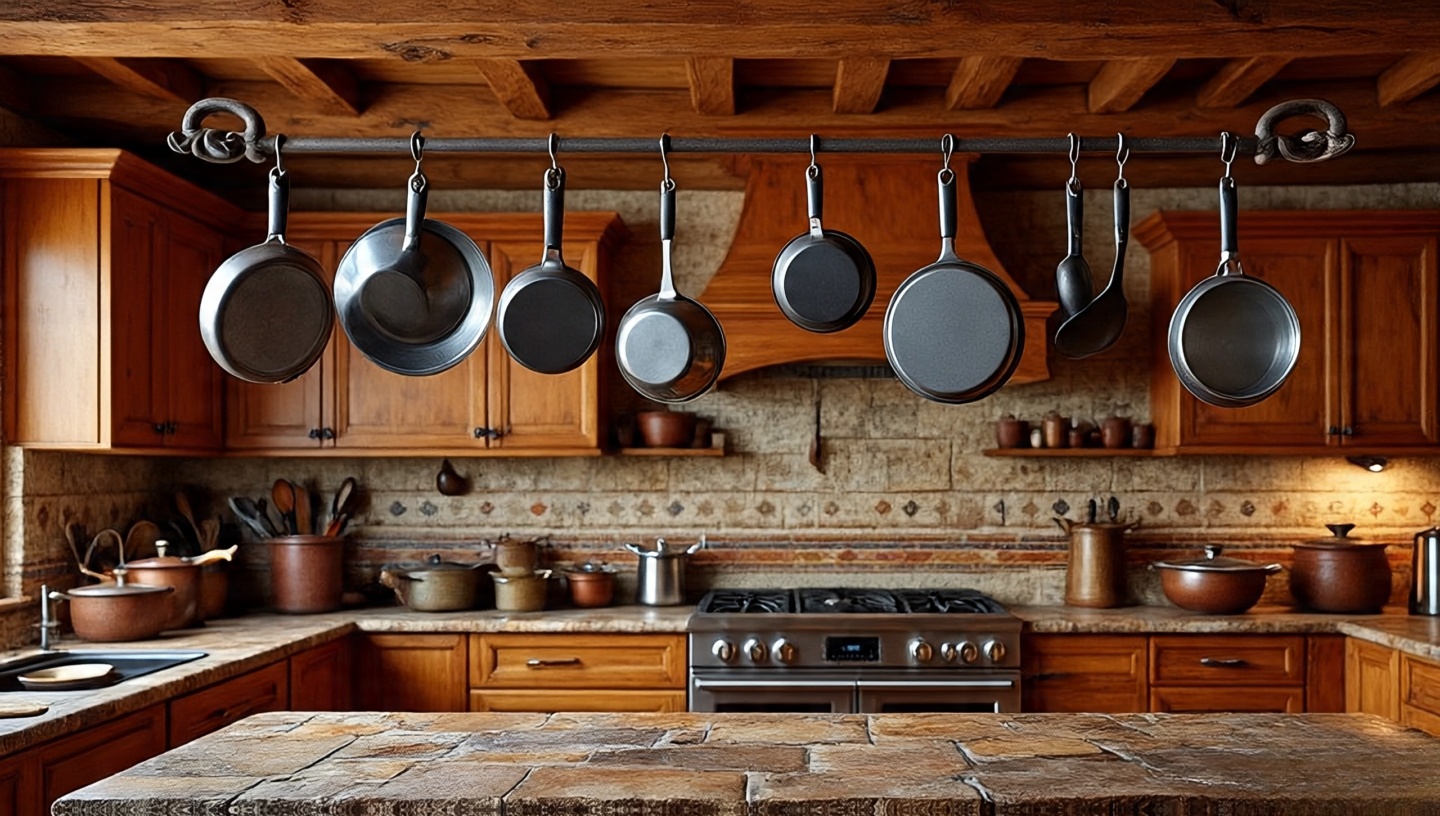 Wrought iron pot rack with hanging copper pans