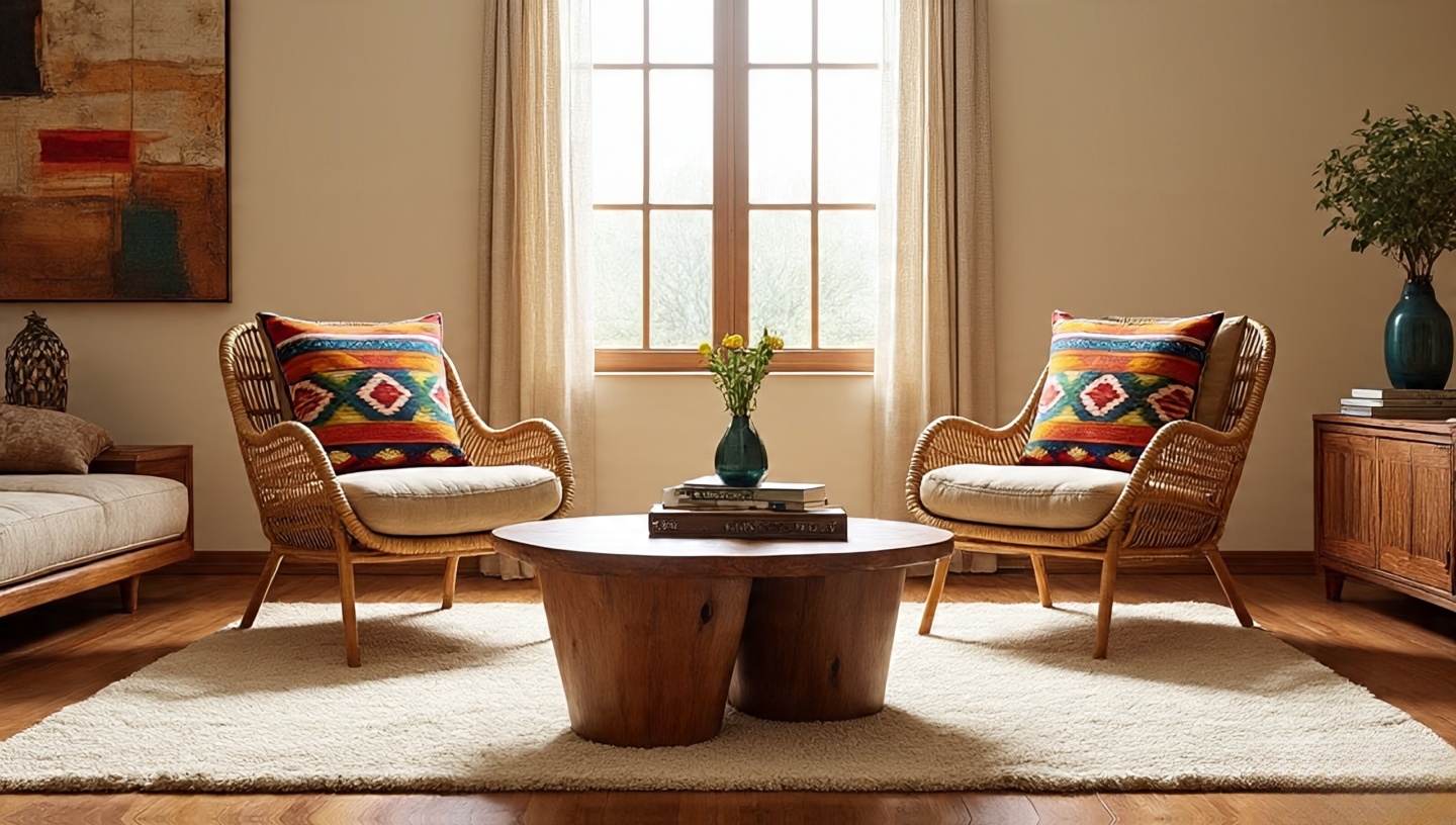 Woven rattan armchair with Navajo-style cushion adding breathable texture to a Southwestern room