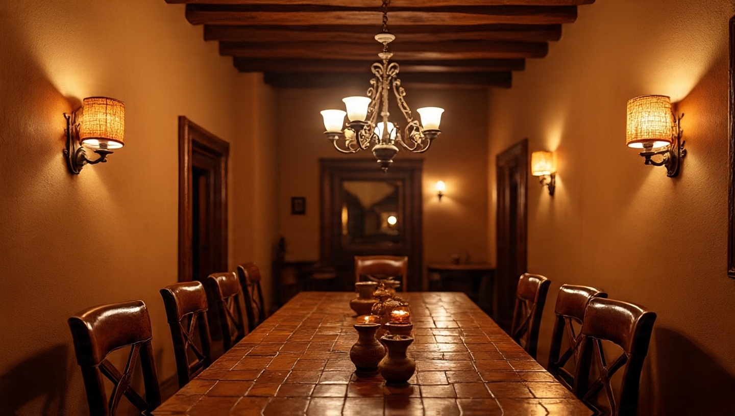 Evening scene in a dining room with warm ambient lighting from multiple sources