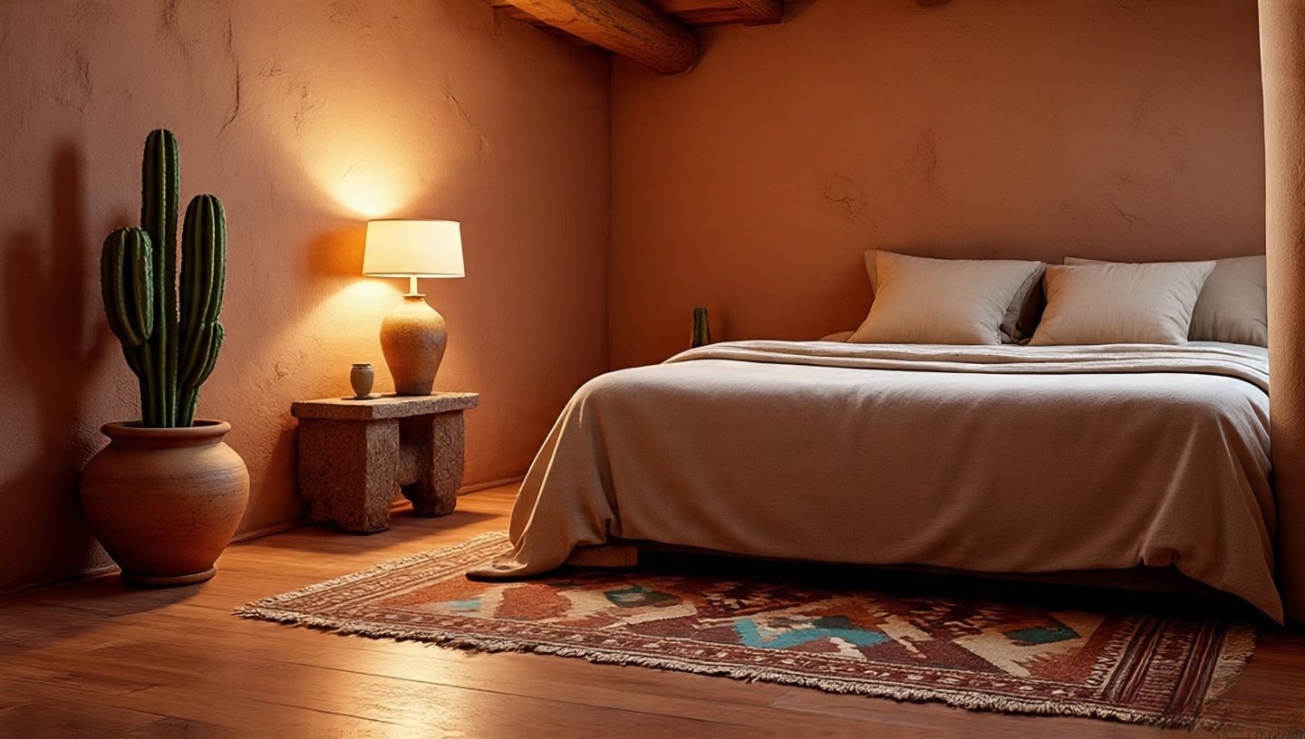Southwestern bedroom with adobe plaster walls, Navajo rug, terracotta pot and clay lamp