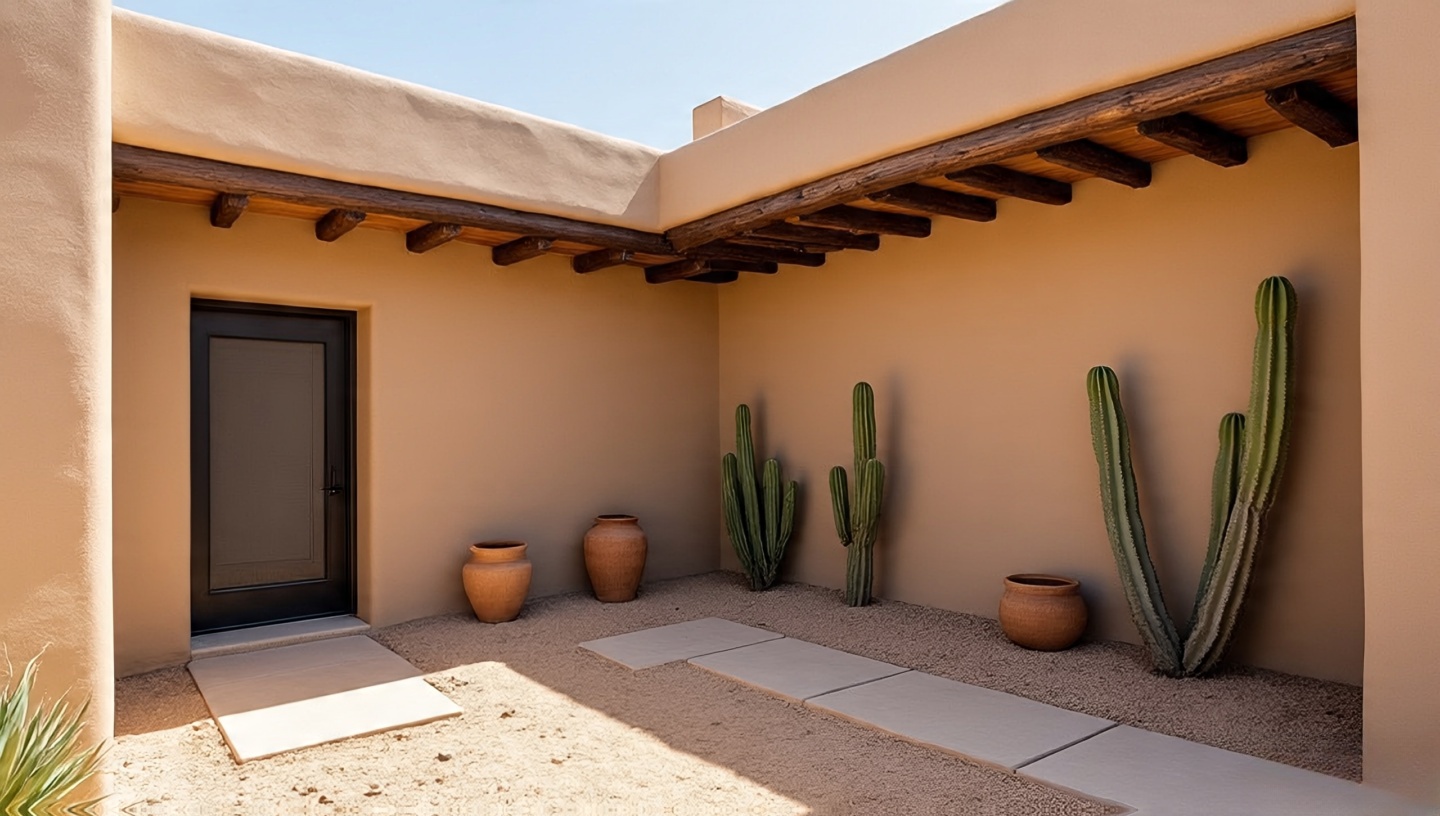 Modern Southwestern adobe-inspired courtyard with thick plaster walls and desert landscaping
