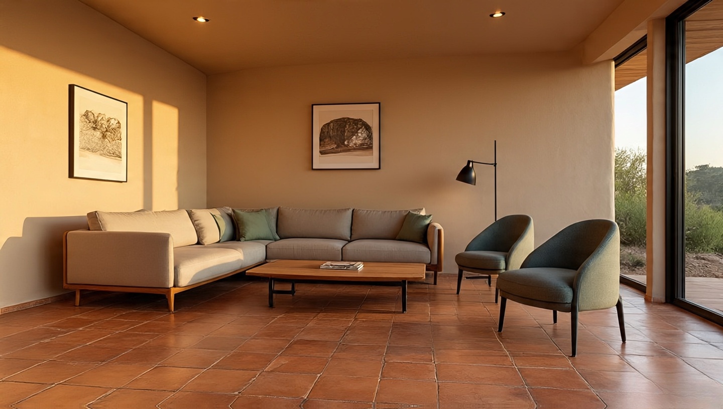 Modern Southwestern living room with earthy terracotta tones, sandy beige walls, and muted sage accents creating a warm foundation