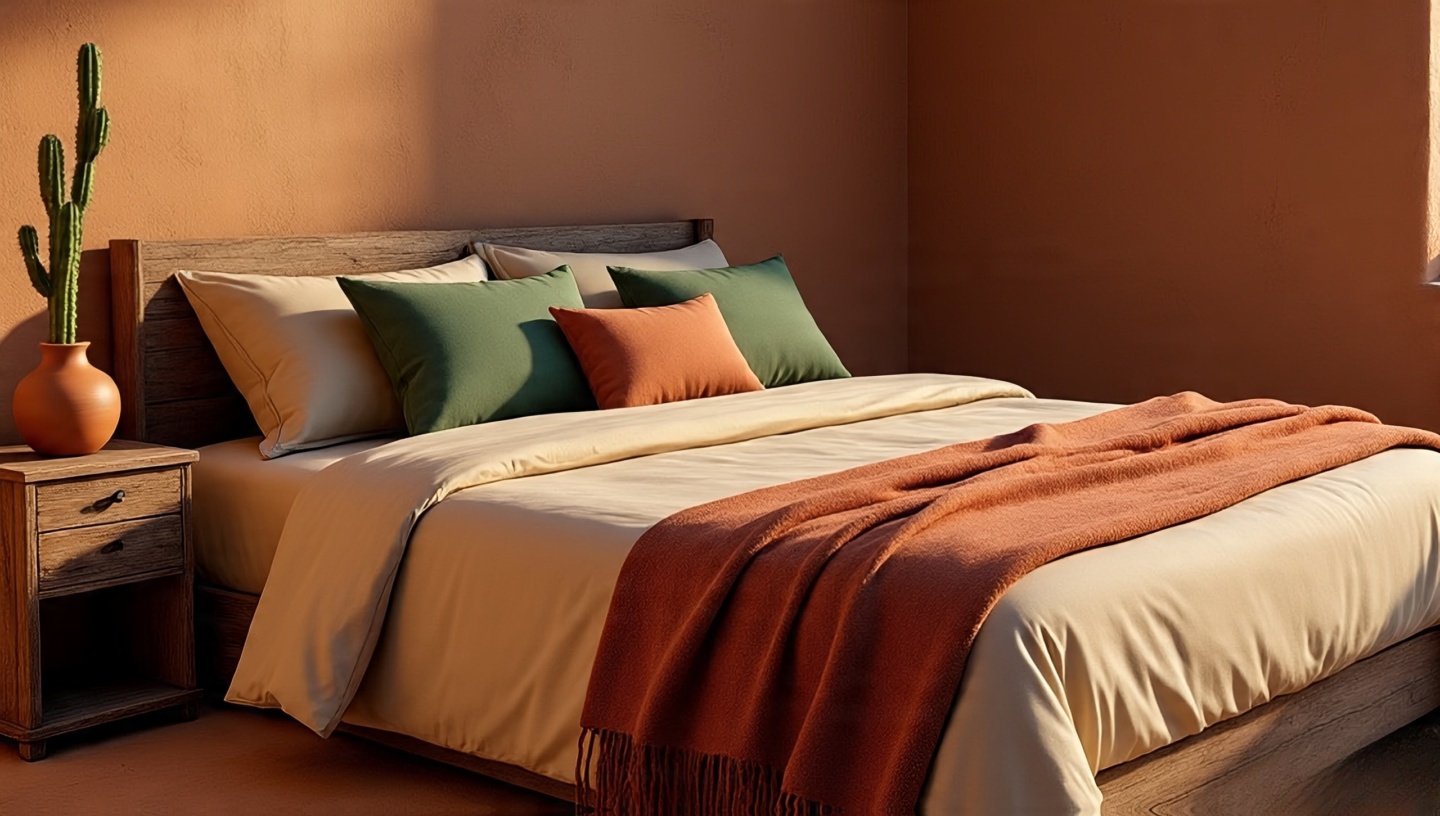 Southwestern bedroom with matte cotton sheets in sandy beige and cream, clay-red throw and cactus-green pillows against adobe-textured walls