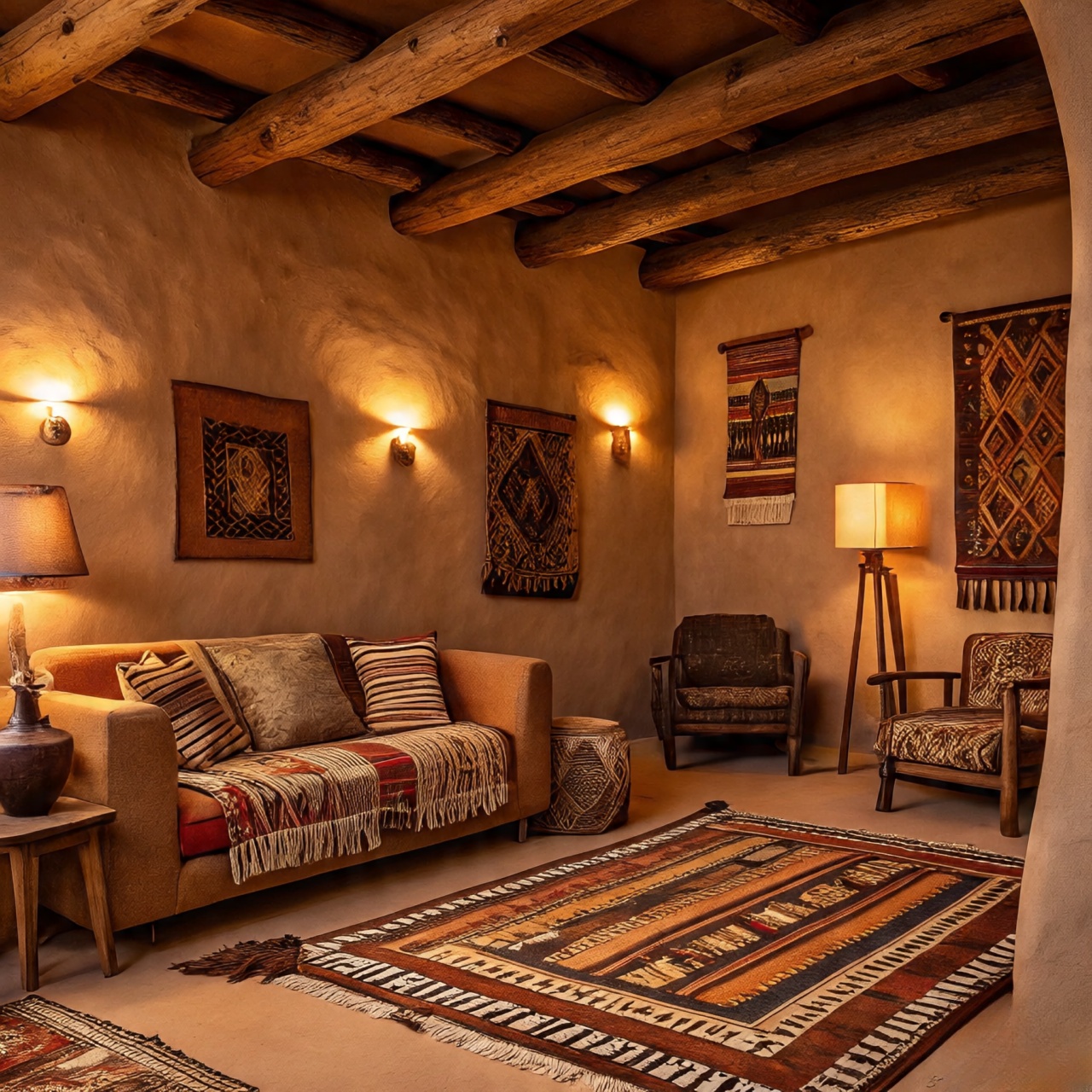 Southwestern living room with adobe-textured walls and warm layered lighting that enhances rustic materials