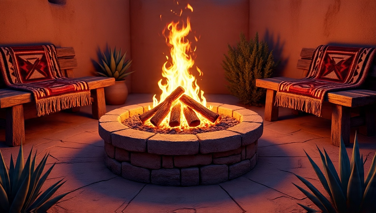 Southwestern outdoor fire pit with stone ring, lava rocks, rustic benches, and desert plants