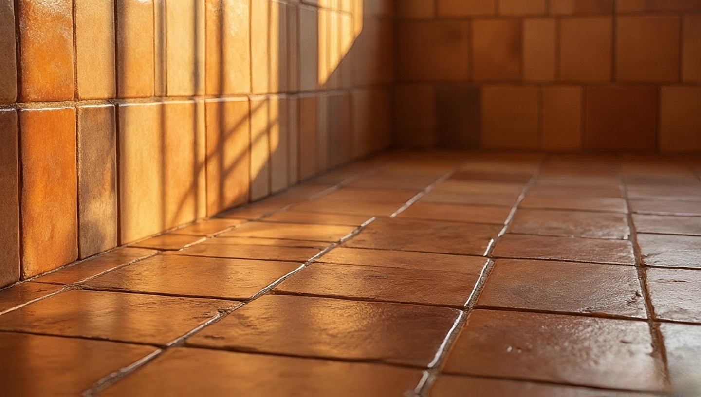 Warm Southwestern bathroom with rustic terracotta floor tiles and glazed ceramic wall accents