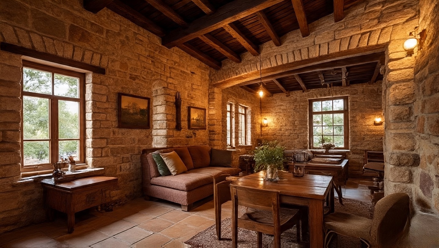 Adobe-inspired dining room walls with textured plaster and warm sand tones, featuring a rustic wooden table and wrought iron light fixture