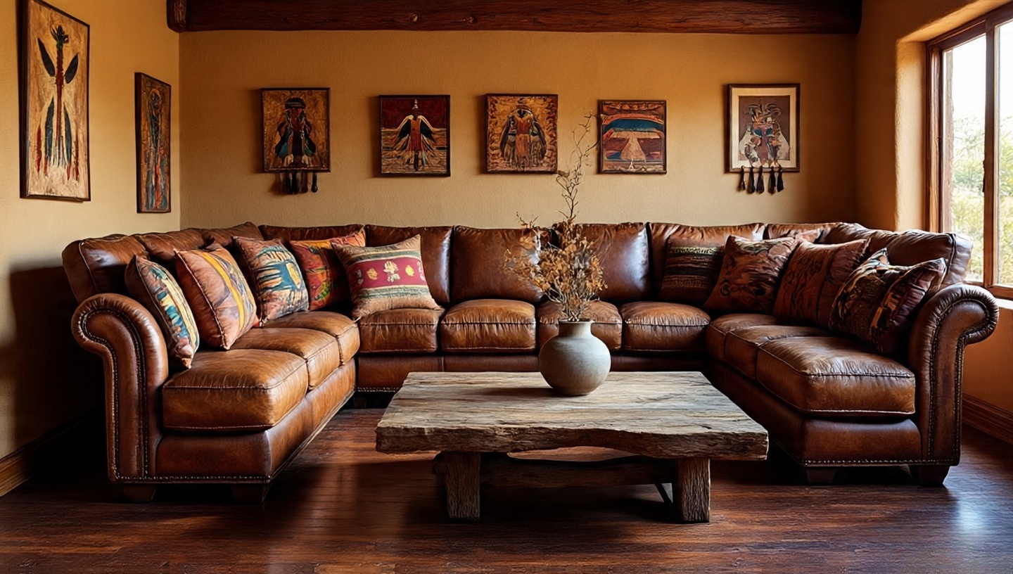 Distressed brown leather sofa with Southwestern tribal pattern throw pillows in a cozy living room