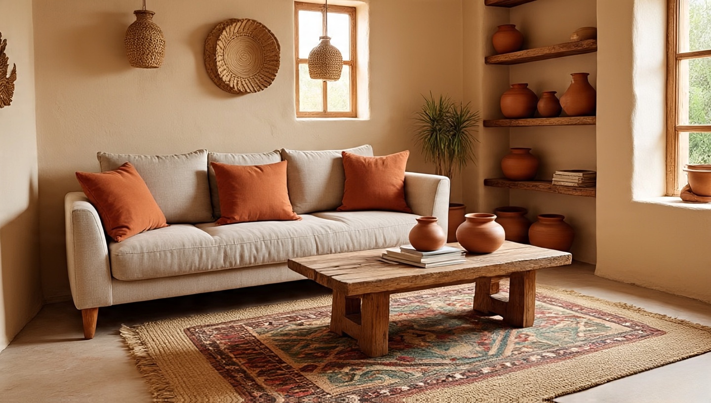Earthy tones living room basics with beige plaster walls, terracotta and sage pillows, rustic wood coffee table, and layered jute plus Navajo rug in a small Southwestern apartment